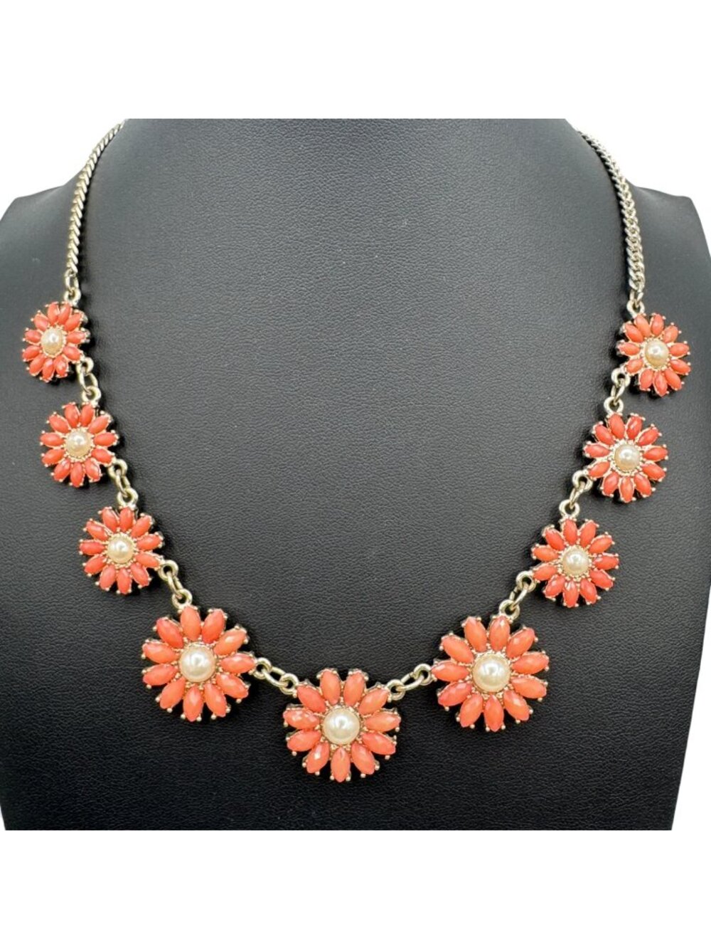 Peach & Pearl Floral Statement Necklace Bib 18" Silvertone Bridal Spring Cottage